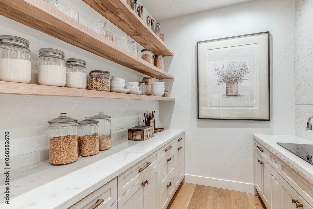 Modern Kitchen Pantry with Wooden Shelves and White Cabinets Modern Kitchen Pantry with Wooden Shelves and White Cabinets