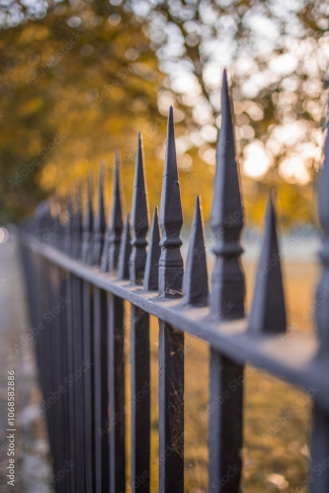 Image of a Beautiful decorative cast iron wrought fence with artistic forging. Metal guardrail close up Image of a Beautiful decorative cast iron wrought fence with artistic forging. Metal guardrail close up