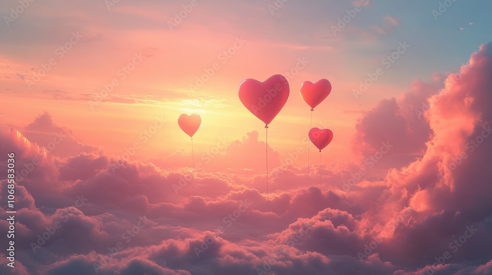 Fototapeta premium A dreamy sky with floating heart-shaped balloons drifting through soft clouds during a Valentine's Day celebration.
