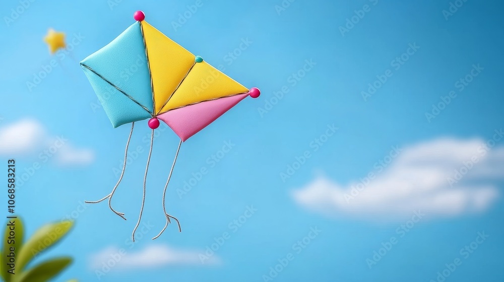 Colorful Kite Flying in Blue Sky with Clouds Colorful Kite Flying in Blue Sky with Clouds