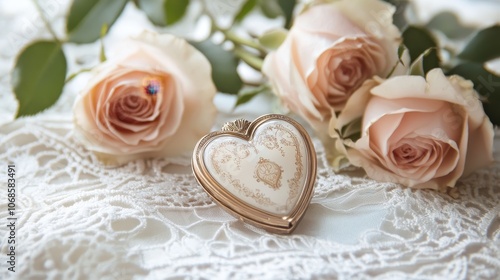 A heart-shaped locket placed on a vintage lace tablecloth with delicate roses surrounding it for a timeless Valentine's Day image.