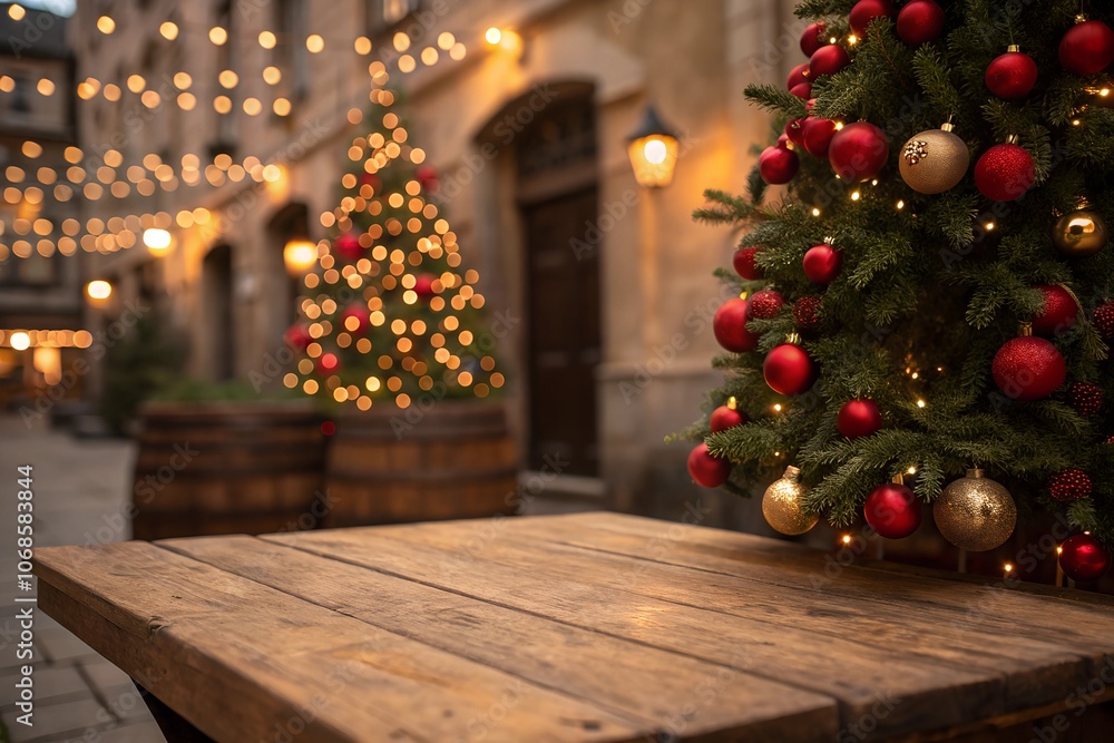 A rustic wooden table with a blurred background of a decorated Christmas tree glowing with lights. Festive atmosphere perfect for holiday photography or product display. A rustic wooden table with a blurred background of a decorated Christmas tree glowing with lights. Festive atmosphere perfect for holiday photography or product display.