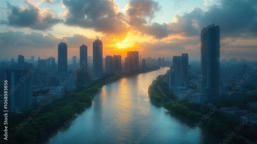 futuristic cityscape with a winding river flowing through, characterized by towering, sleek buildings under a cloudy sky, portraying a vision of advanced architecture and urban life futuristic cityscape with a winding river flowing through, characterized by towering, sleek buildings under a cloudy sky, portraying a vision of advanced architecture and urban life