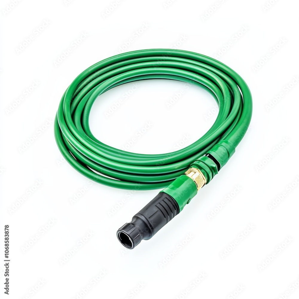 A green gardening hose isolated on white background. A green gardening hose isolated on white background.