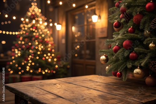 Outdoor Christmas setting with a rustic wooden table, decorated tree with red and gold ornaments, and string lights illuminating the festive atmosphere. photo