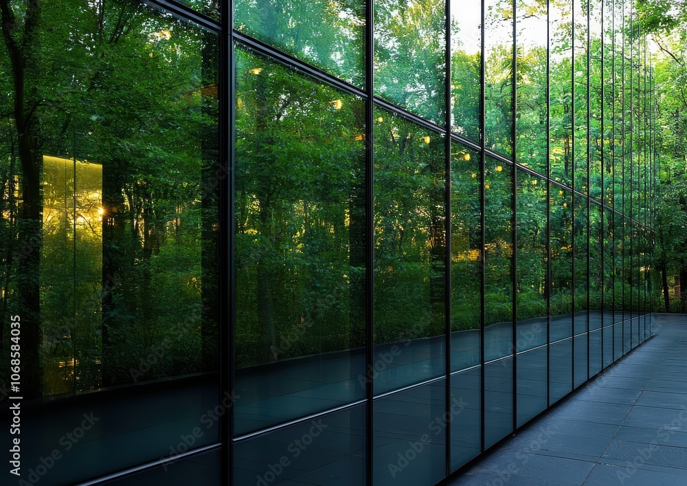 A modern glass structure reflects the surrounding greenery, blending seamlessly with nature in a tranquil outdoor setting. A modern glass structure reflects the surrounding greenery, blending seamlessly with nature in a tranquil outdoor setting.