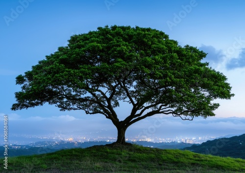 A solitary tree stands majestically on a hill, framed by a serene twilight sky and distant city lights.