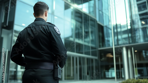 Guard: A security guard in a black uniform with a utility belt stands near a glass entrance, keeping a watchful eye on the area. Behind them, a modern building and a few pedestrians create a professio