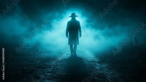 A man in a hat is walking through a foggy, dark forest