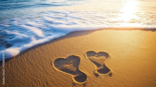 A romantic beach sunset with two heart-shaped footprints in the sand, symbolizing love and connection for Valentine's Day.