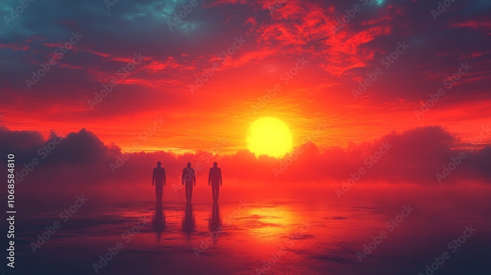 Three people walking on a beach at sunset Three people walking on a beach at sunset