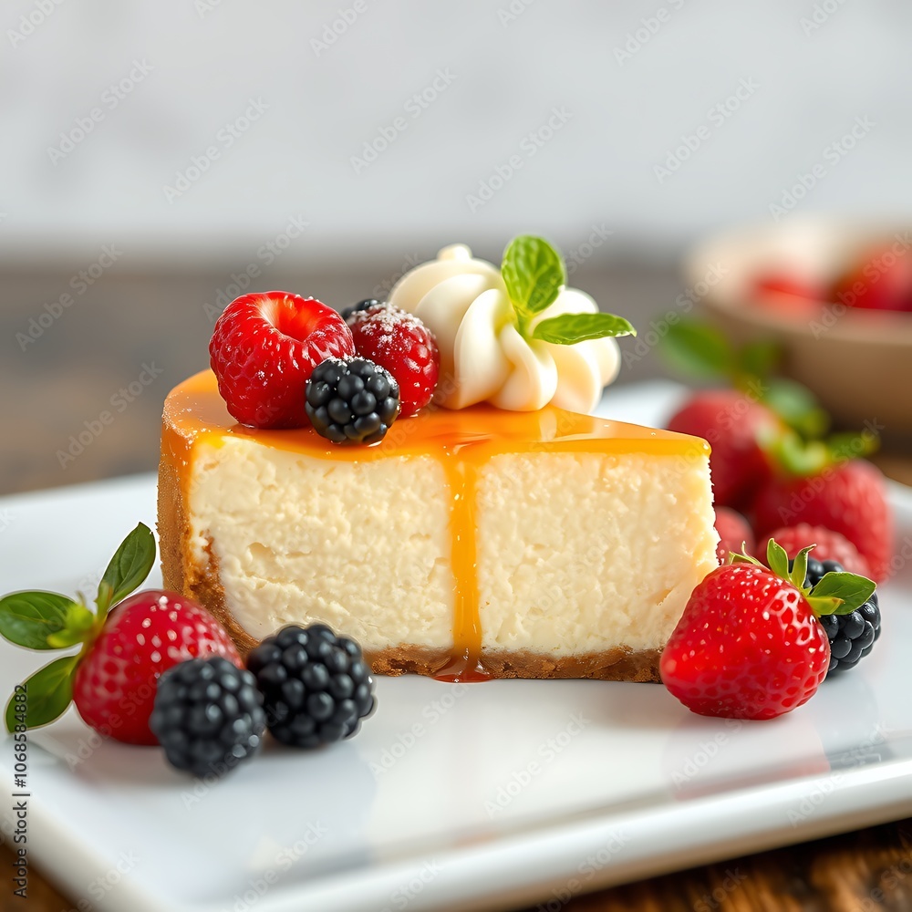 Delicious Cheesecake Topped with Vibrant Red Strawberries and berries Delicious Cheesecake Topped with Vibrant Red Strawberries and berries