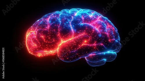 futuristic human brain composed of neon light, hovering against a deep black background, symbolizing advanced technology and cognitive exploration