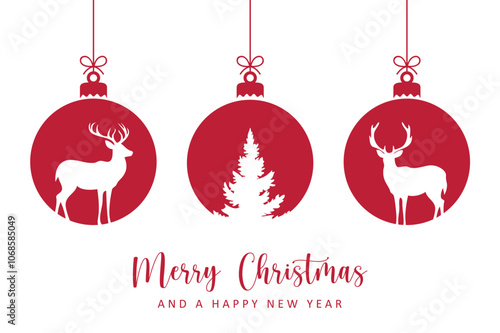 christmas greeting card with decorative christmas balls with reindeer vector illustration