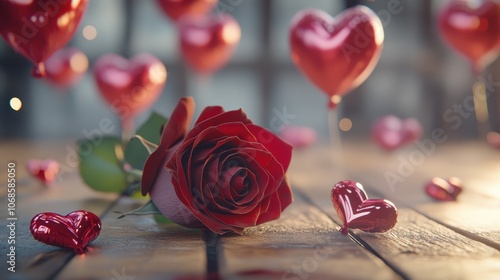 A romantic image of a rose lying flat with heart-shaped balloons floating above, leaving an ample blank area for adding special Valentine's Day wishes.