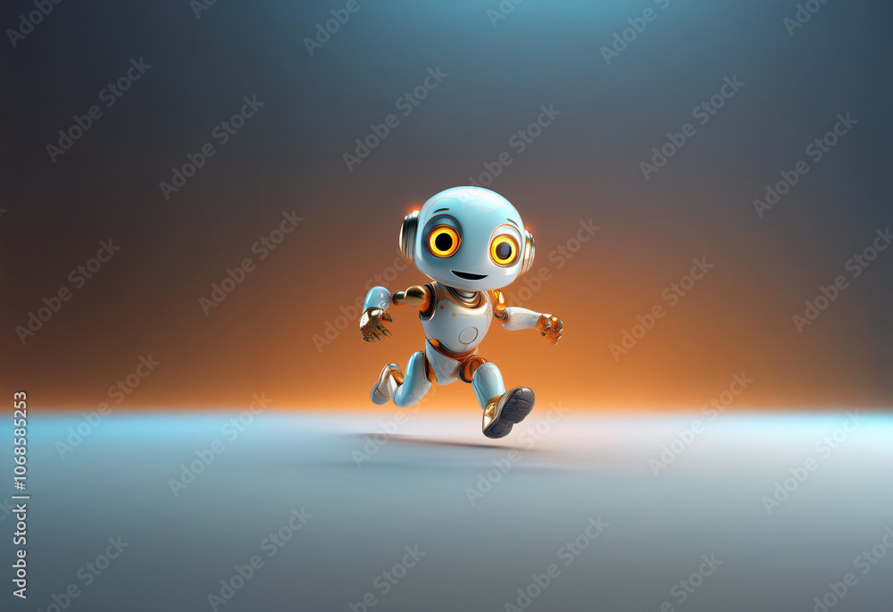 A small, friendly-looking robot with large eyes and a charming smile runs across a brightly lit stage. A small, friendly-looking robot with large eyes and a charming smile runs across a brightly lit stage.