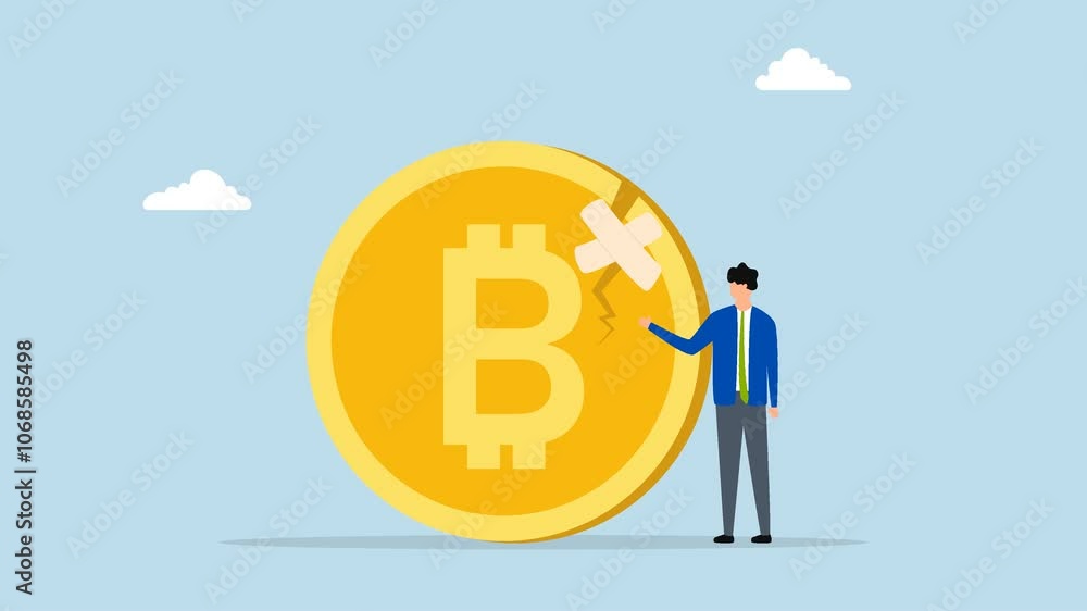 4k animation of confidence businessman investor or trader with damaged cracked down Bitcoin bandage repair. 4k animation of confidence businessman investor or trader with damaged cracked down Bitcoin bandage repair.