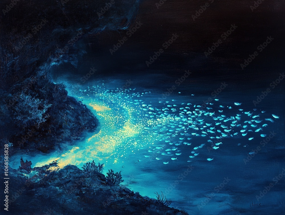 Obraz premium Tropical fish swimming near coral reef at night.