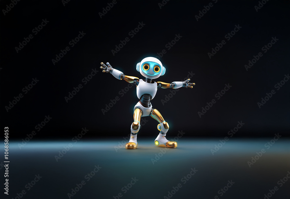 A small, white and gold robot with glowing blue eyes dances on a dark stage. A small, white and gold robot with glowing blue eyes dances on a dark stage.