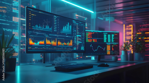 3D Illustration- Data Analysis, Server Room, Computer Monitors, Charts, Graphs