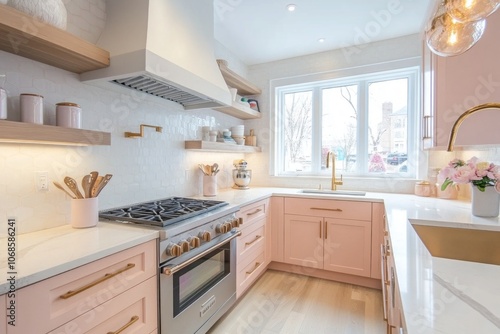 Modern Kitchen with Blush Pink Cabinets, Gold Accents, and White Quartz Countertops