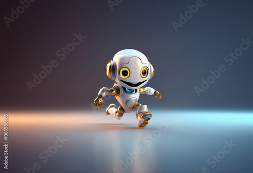 A small white robot with gold accents runs across a brightly lit stage with an excited expression.