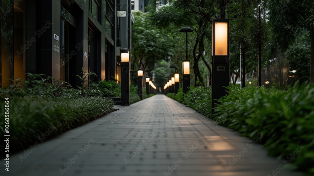 Illuminated walkway with modern lamp posts and lush greenery in an urban setting during dusk, featuring a perspective view along a paved path Illuminated walkway with modern lamp posts and lush greenery in an urban setting during dusk, featuring a perspective view along a paved path