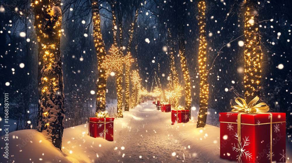 Snowy forest path with trees wrapped in golden string lights and large red gift boxes in snow. Winter night scene. Christmas and New Year celebration. Festive holiday decor concept Snowy forest path with trees wrapped in golden string lights and large red gift boxes in snow. Winter night scene. Christmas and New Year celebration. Festive holiday decor concept