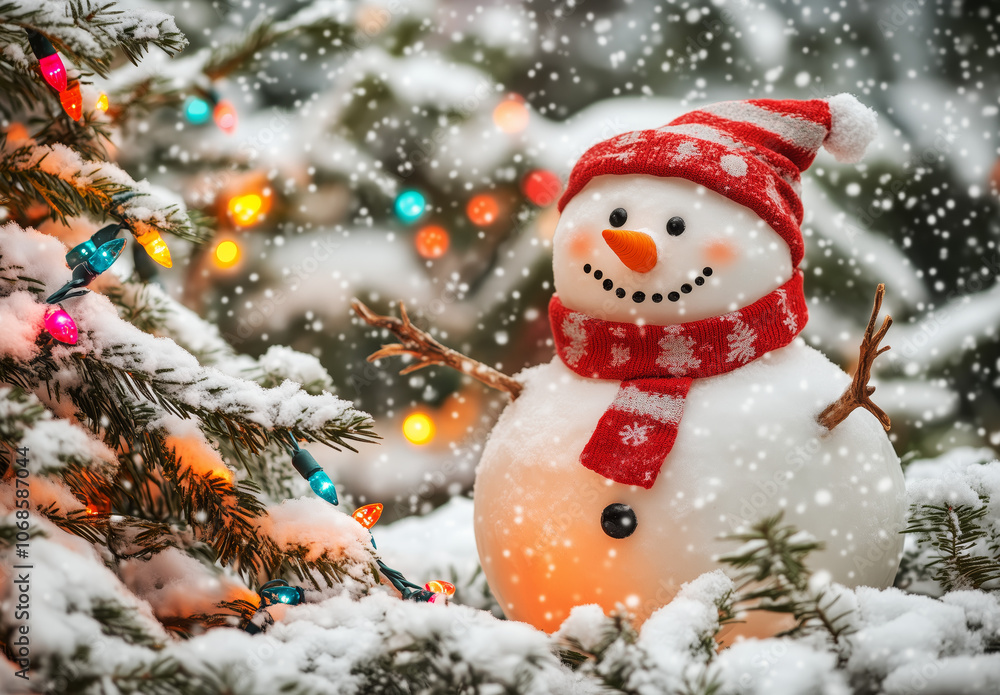 A happy snowman in a red hat and scarf stands beside a snow-covered tree adorned with colorful Christmas lights, creating a festive winter wonderland A happy snowman in a red hat and scarf stands beside a snow-covered tree adorned with colorful Christmas lights, creating a festive winter wonderland