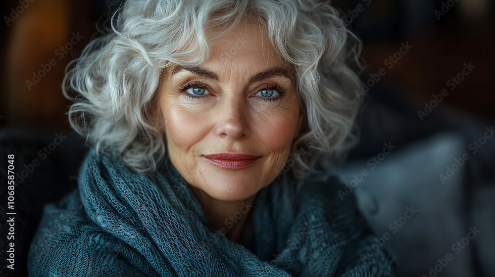 closeup portrait of a woman with grey curly hair and bright blue eyes She is wearing a blue scarf and has a gentle smile on her face closeup portrait of a woman with grey curly hair and bright blue eyes She is wearing a blue scarf and has a gentle smile on her face