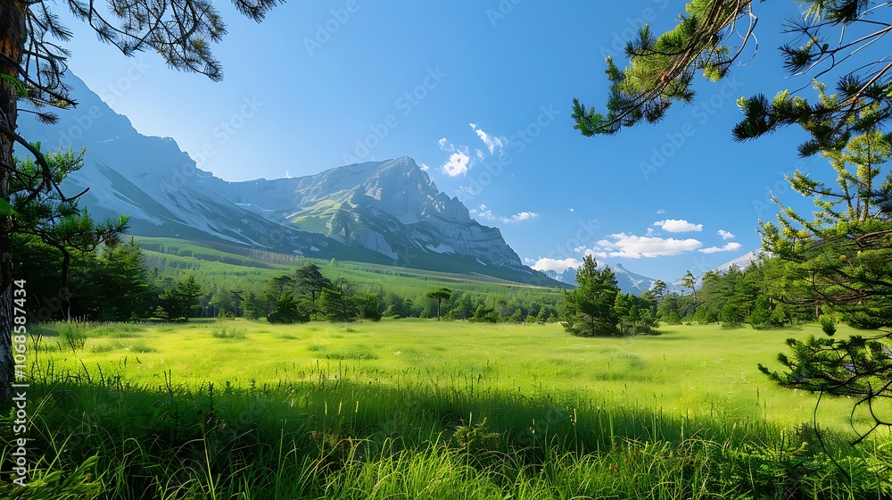 Obraz premium An expansive green meadow with a distant mountain range framed by tall trees and a clear blue sky exuding tranquility