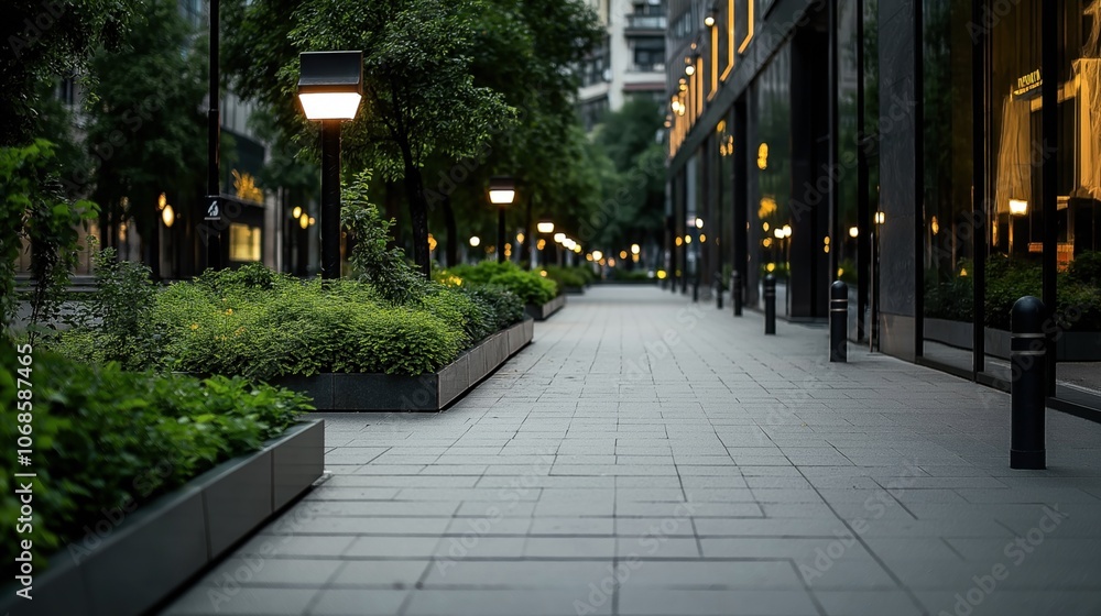 Fototapeta premium Modern urban walkway with illuminated street lamps and lush green plants along paved sidewalk