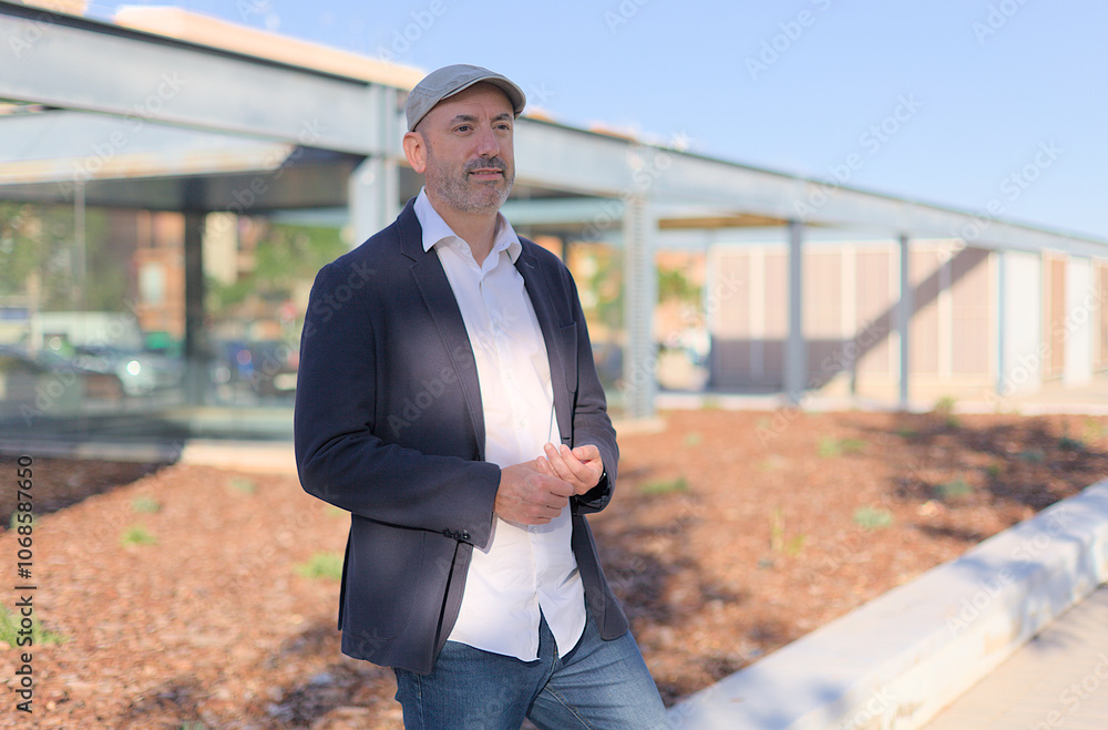 Bearded man in tweed hat standing on the street looking pensive Bearded man in tweed hat standing on the street looking pensive