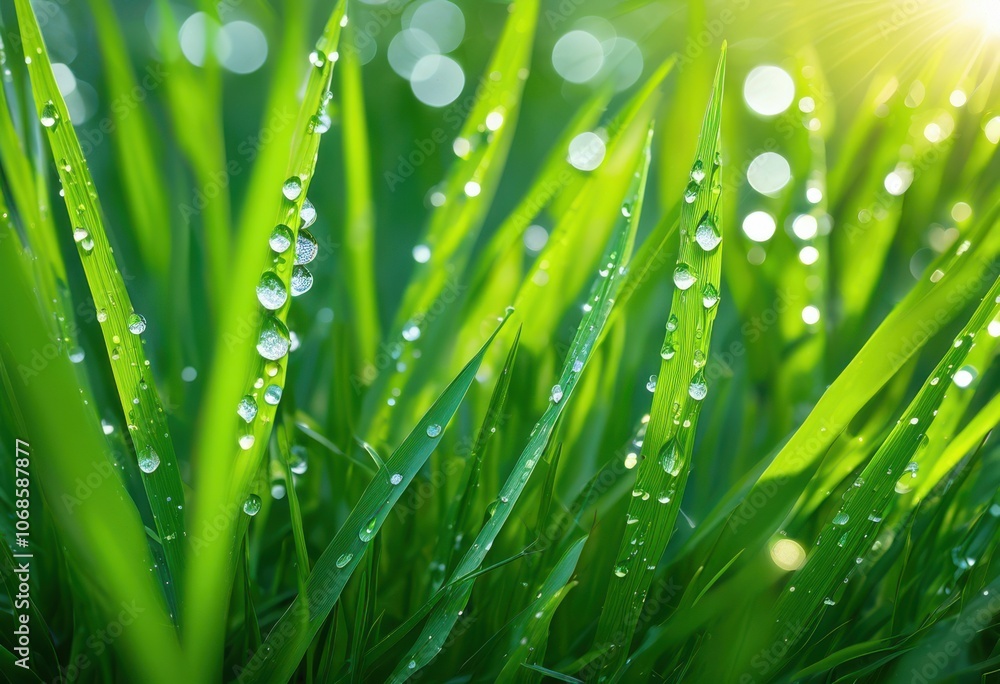 close vibrant green grass blades adorned crystal clear dew drops natural light, closeup, colorful, dewdrops, details, field, freshness, garden, gem close vibrant green grass blades adorned crystal clear dew drops natural light, closeup, colorful, dewdrops, details, field, freshness, garden, gem