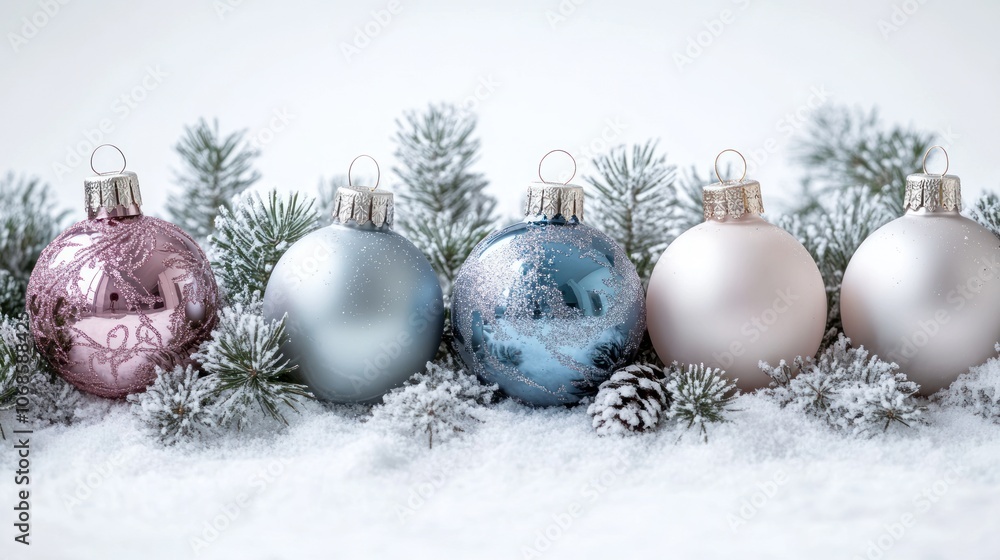 A minimalist advertising space in the center, bordered by natural pine branches and delicate glass New Year's balls in soft pastel colors, creating a modern and elegant Christmas vibe. A minimalist advertising space in the center, bordered by natural pine branches and delicate glass New Year's balls in soft pastel colors, creating a modern and elegant Christmas vibe.