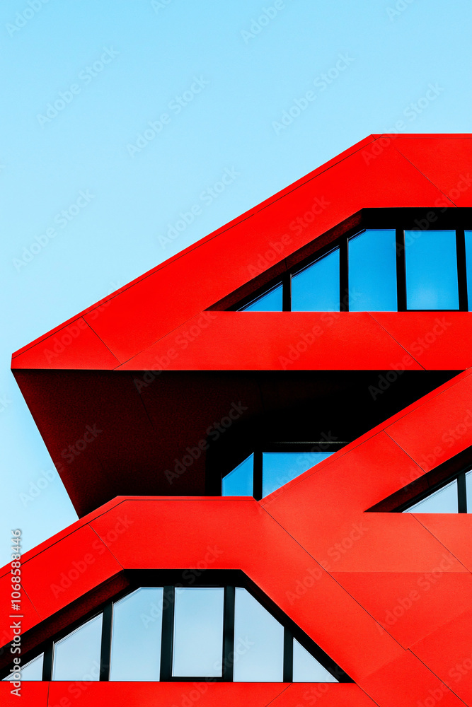 Fototapeta premium an architectural masterpiece featuring salmon-colored exterior walls, modernist geometric patterns and tropical landscaping
