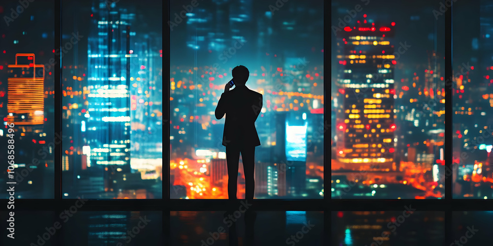 Illustration - Businessman Silhouette City Night View Illustration - Businessman Silhouette City Night View