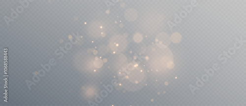 Vector gold sparkle, dust, Bokeh, glitter particles background effect. Glowing light effect with glitter on transparent background.