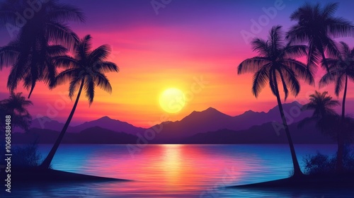A breathtaking sunset with vibrant hues of pink, orange, and purple, silhouetting palm trees and reflecting over a calm ocean, blending nature's beauty and serenity.
