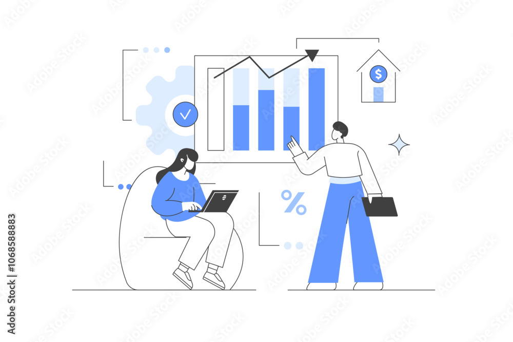 Characters manage finances. Planning finances, consulting with accountant. Analyzing personal or corporate budget. Statistics. Up arrow. Vector Illustration, icon. Stylish, Minimalist line, abstract Characters manage finances. Planning finances, consulting with accountant. Analyzing personal or corporate budget. Statistics. Up arrow. Vector Illustration, icon. Stylish, Minimalist line, abstract