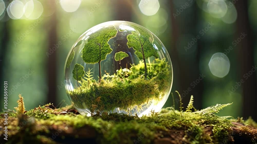 Nature's Embrace: A miniature forest thrives within a crystal orb, resting gently on a bed of moss. Sunlight filters through the surrounding lush greenery, creating a serene and enchanting scene. Nature's Embrace: A miniature forest thrives within a crystal orb, resting gently on a bed of moss. Sunlight filters through the surrounding lush greenery, creating a serene and enchanting scene.