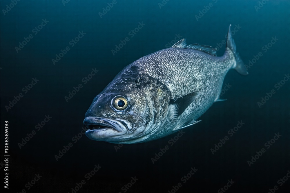 Fototapeta premium Close-up of underwater fish swimming in deep ocean darkness.