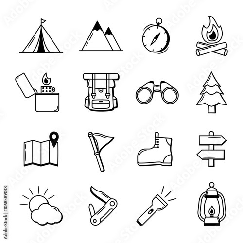 camping doodle icons, hand drawn camping element collection
