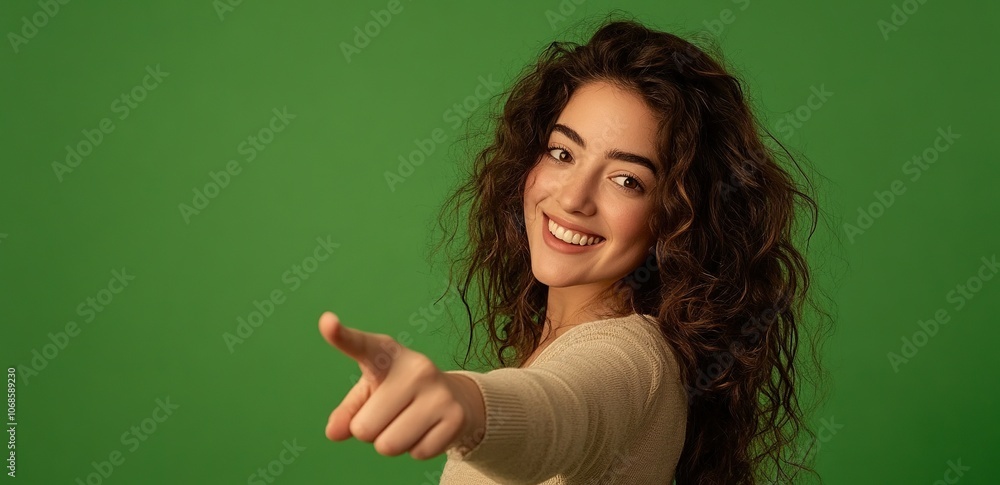 A beautiful woman with curly brown hair is standing and smiling, pointing to the side against an isolated green background A beautiful woman with curly brown hair is standing and smiling, pointing to the side against an isolated green background