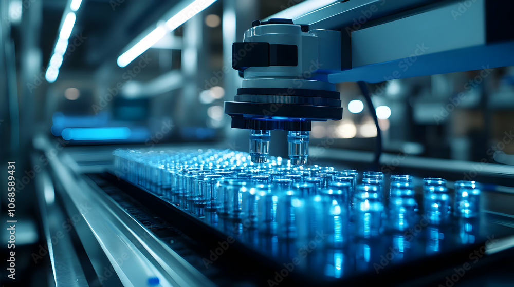 3D Illustration, Robotic Arm Filling Vials in Lab 3D Illustration, Robotic Arm Filling Vials in Lab