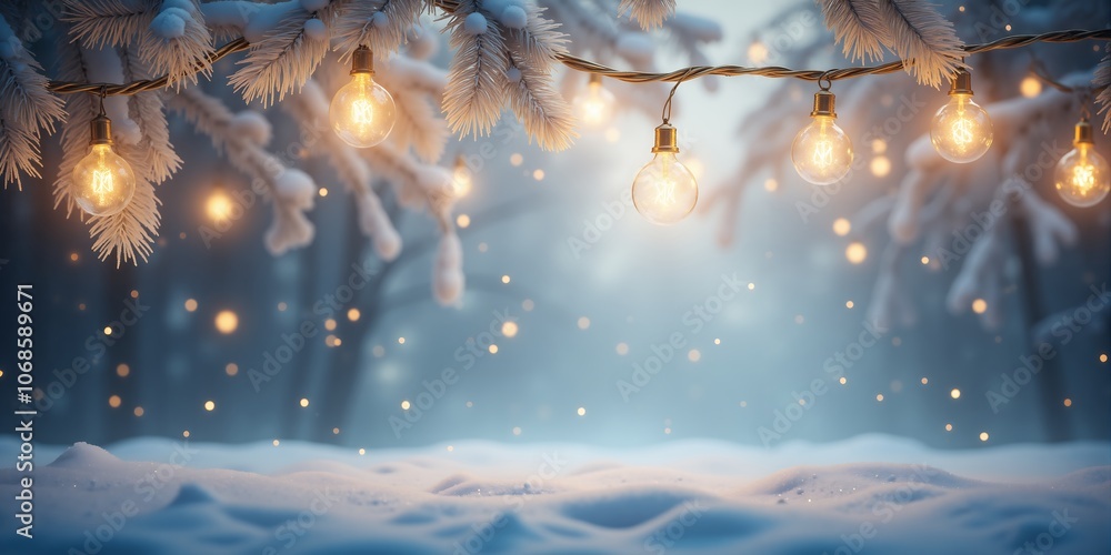 Naklejka premium Snowy Forest with Warm String Lights for Christmas or Winter Background