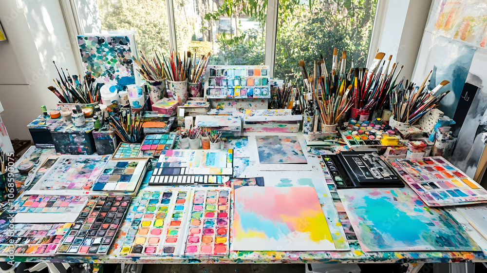 An artist's workspace with paint, brushes, and paper. An artist's workspace with paint, brushes, and paper.
