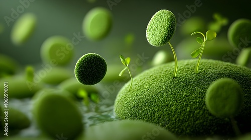Microscopic view of the extremophile algae Dunaliella salina showcasing its vibrant green hues intricate cellular structures and delicate pulsing flagella movements