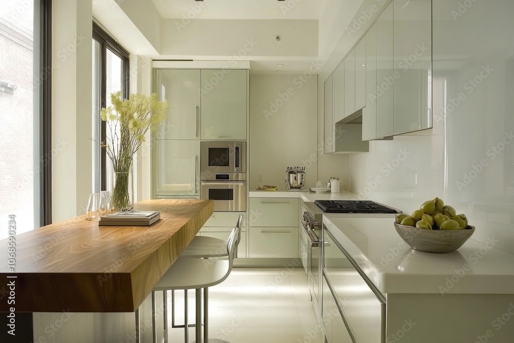 Fototapeta premium Modern Kitchen with Wooden Countertop and Stainless Steel Appliances