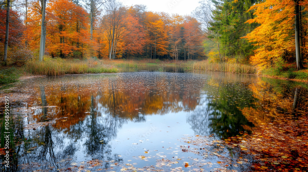 Obraz premium Calm autumn lake reflecting colorful trees.